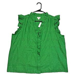 J.Crew Women's Eyelet Green Flutter Top V Neck With Ruffle Details Size L